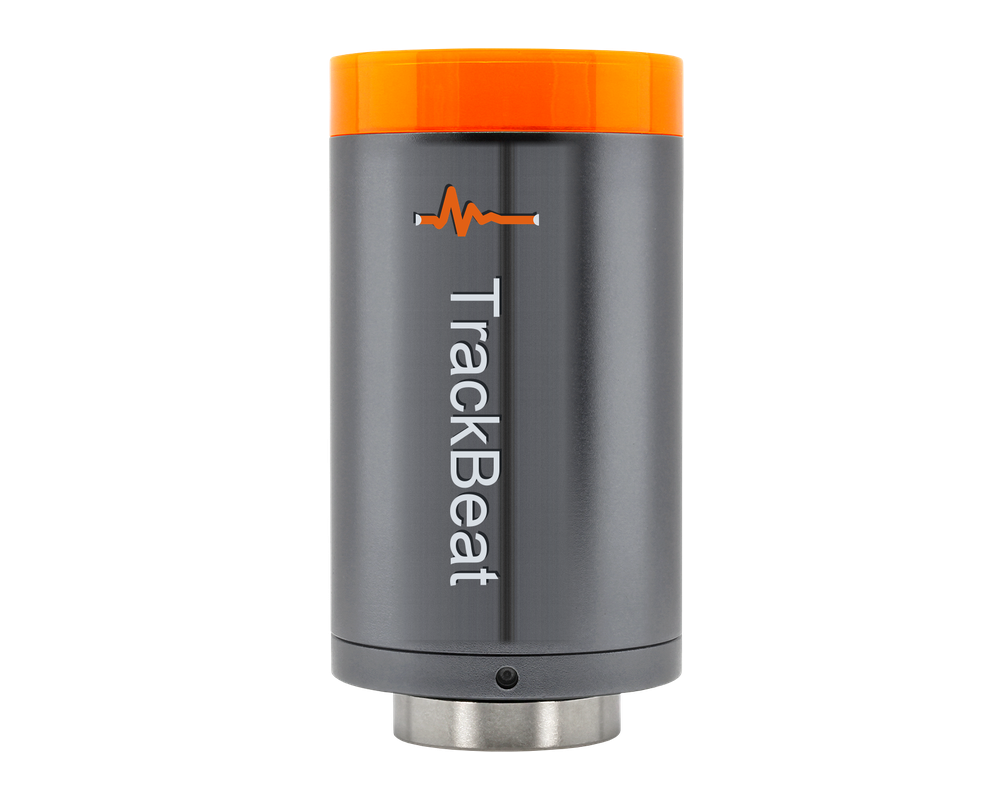TrackBeat wireless vibration sensor — sealed cylindrical body with a knurled battery cap and a stainless magnetic mounting base.